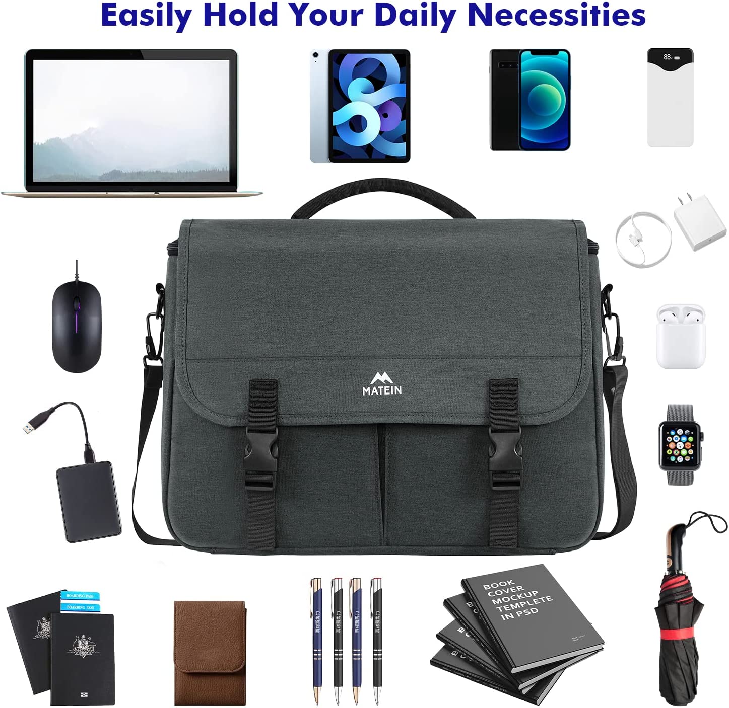 Messenger Bag for Men, Women Briefcases Lightweight Men's Laptop Bag 15.6 inch Water Resistant Crossbody School Satchel Bags for Boys Computer Work Office Bag with Shoulder Strap, Black - Image 6